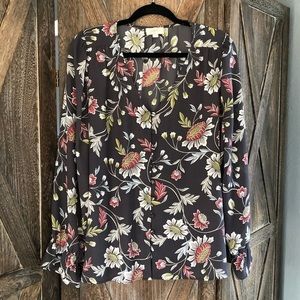 LOFT Long Sleeve Gray Floral Blouse Top Tunic